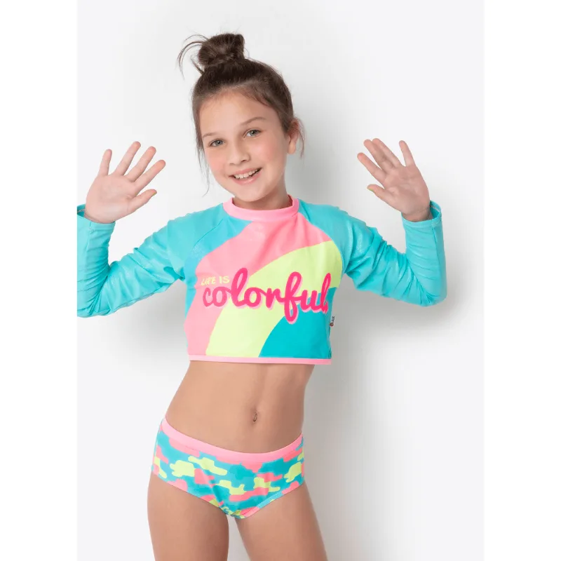 Conjunto Camiseta e Calcinha com Proteção Solar Menina Teen Unicórnio Colorful Camuflado 16