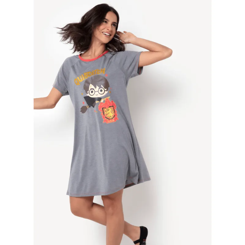 Camisola Manga Curta Feminino Harry Potter Cinza PP