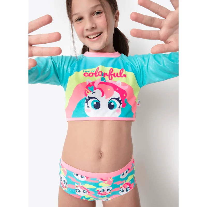 Conjunto Camiseta e Calcinha com Proteção Solar Menina Teen Unicórnio Colorful 12