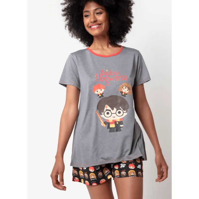 Pijama Manga Curta Feminino Algodão Harry Potter Cinza M