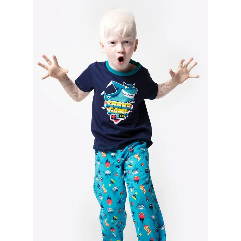 Pijama Longo Manga Curta Menino Algodão Tubarão Gamer 1