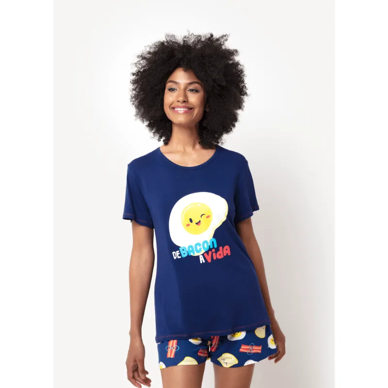 Pijama Manga Curta Feminino Viscolycra Família de Bacon a Vida Azul P
