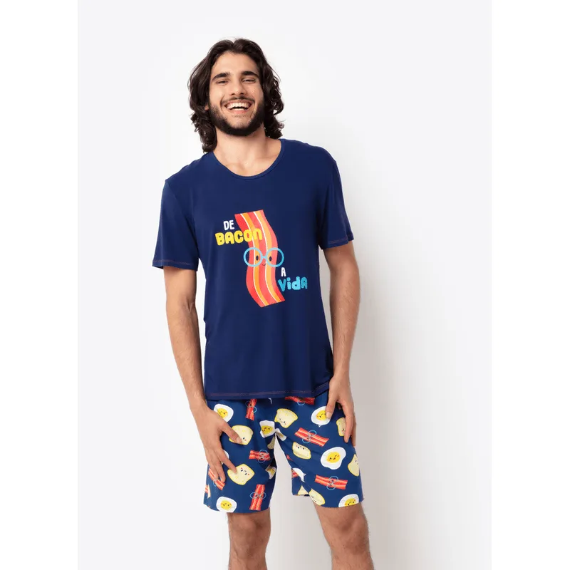 Pijama Manga Curta Masculino Viscolycra Família de Bacon a Vida Azul M
