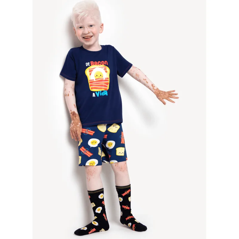 Pijama Manga Curta Menino Teen Viscolycra Família de Bacon a Vida Azul 12