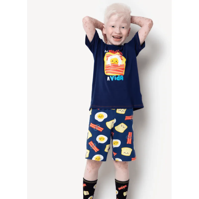 Pijama Manga Curta Menino Viscolycra Família de Bacon a Vida Azul 6