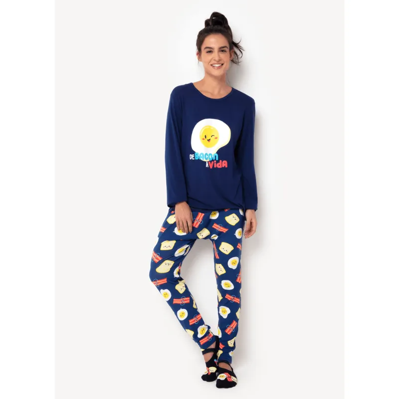 Pijama Manga Longa Feminino Viscolycra Família de Bacon a Vida Azul PP