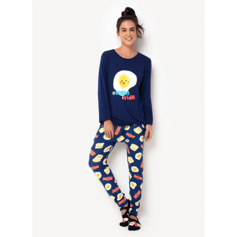 Pijama Manga Longa Feminino Viscolycra Família de Bacon a Vida Azul P