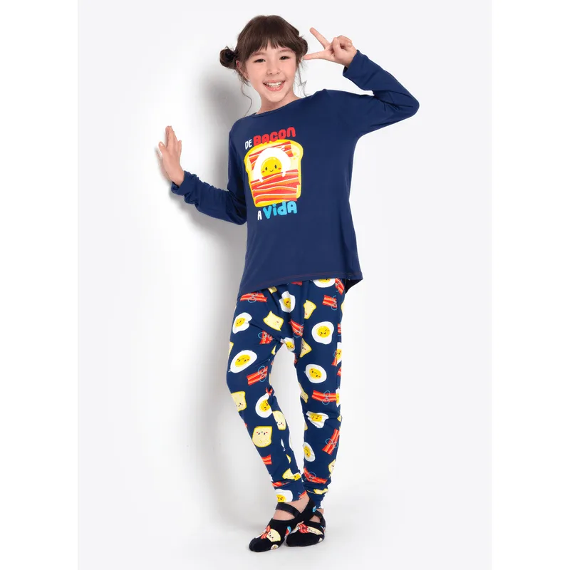 Pijama Manga Longa Menina Viscolycra Família de Bacon a Vida 10