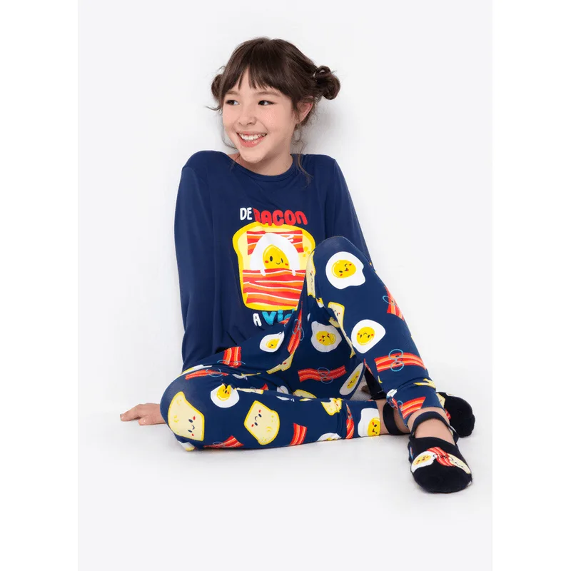Pijama Manga Longa Menina Viscolycra Família de Bacon a Vida 2