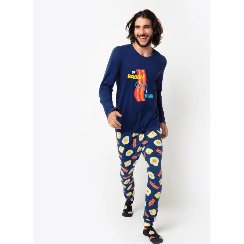 Pijama Manga Longa Masculino Viscolycra Família de Bacon a Vida Azul M