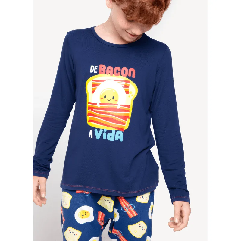 Pijama Manga Longa Menino Teen Viscolycra Família de Bacon a Vida Azul 10