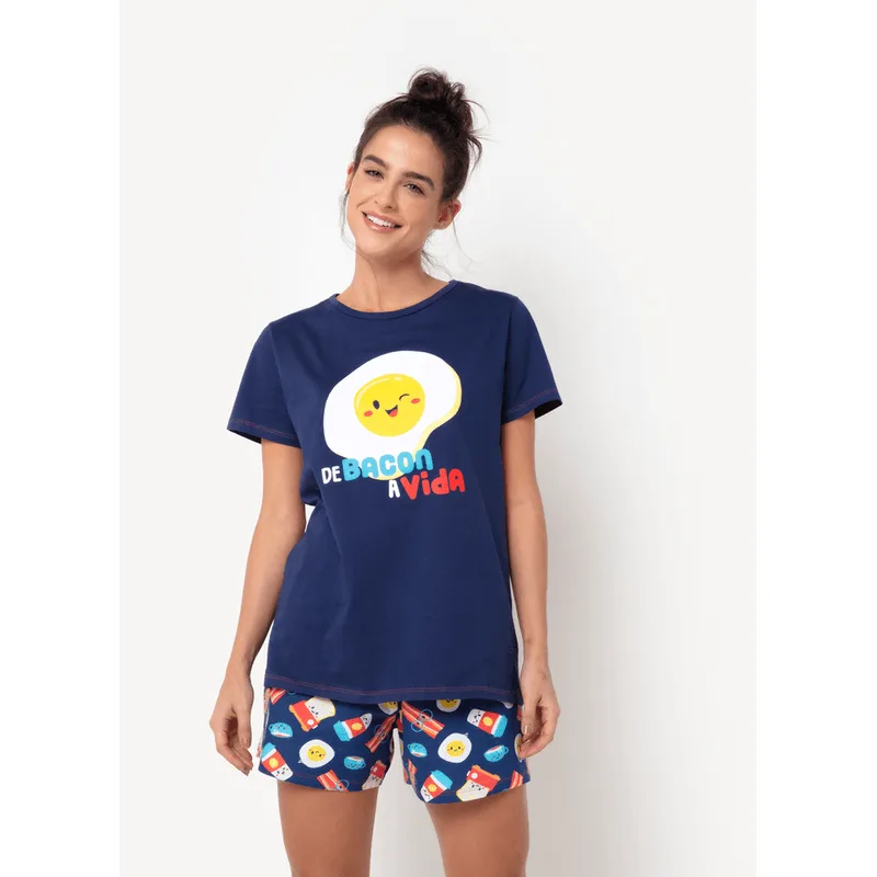 Pijama Manga Curta Feminino Algodão Família de Bacon a Vida Azul G