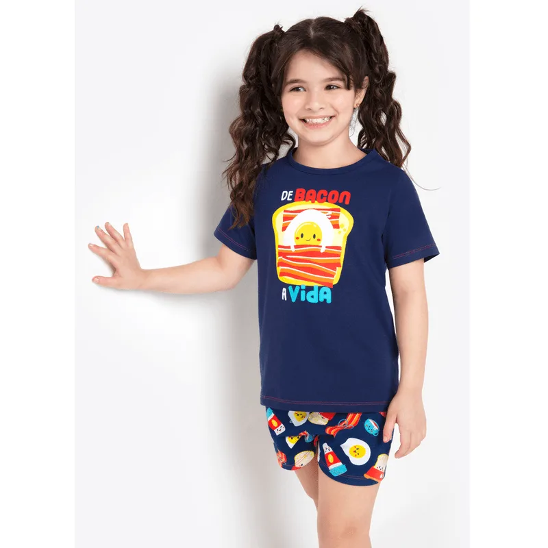 Pijama Manga Curta Menina Teen Algodão Família de Bacon a Vida Azul 14