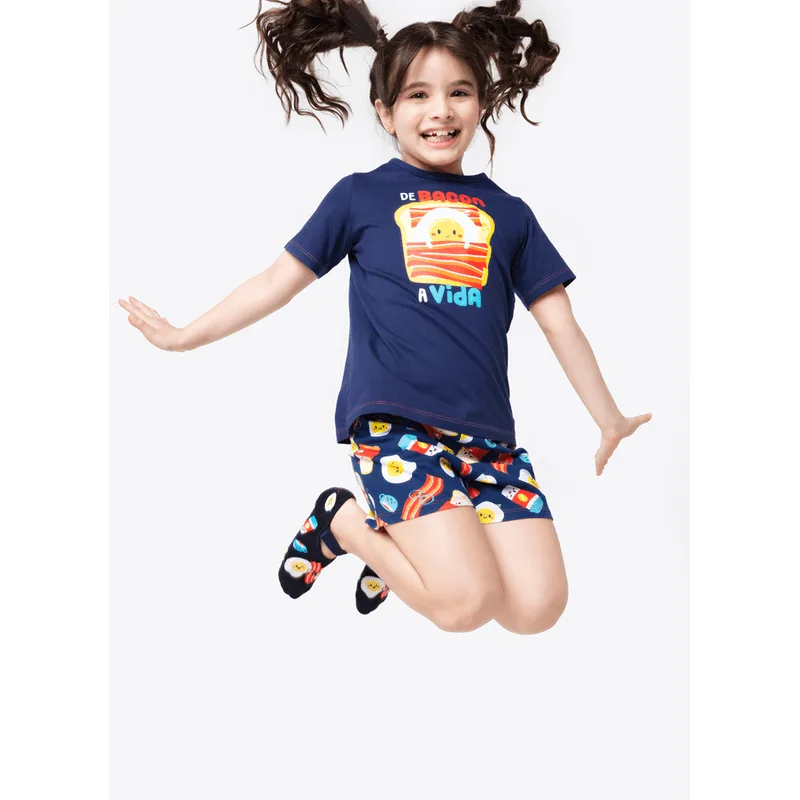 Pijama Manga Curta Menina Algodão Família de Bacon a Vida Azul 4