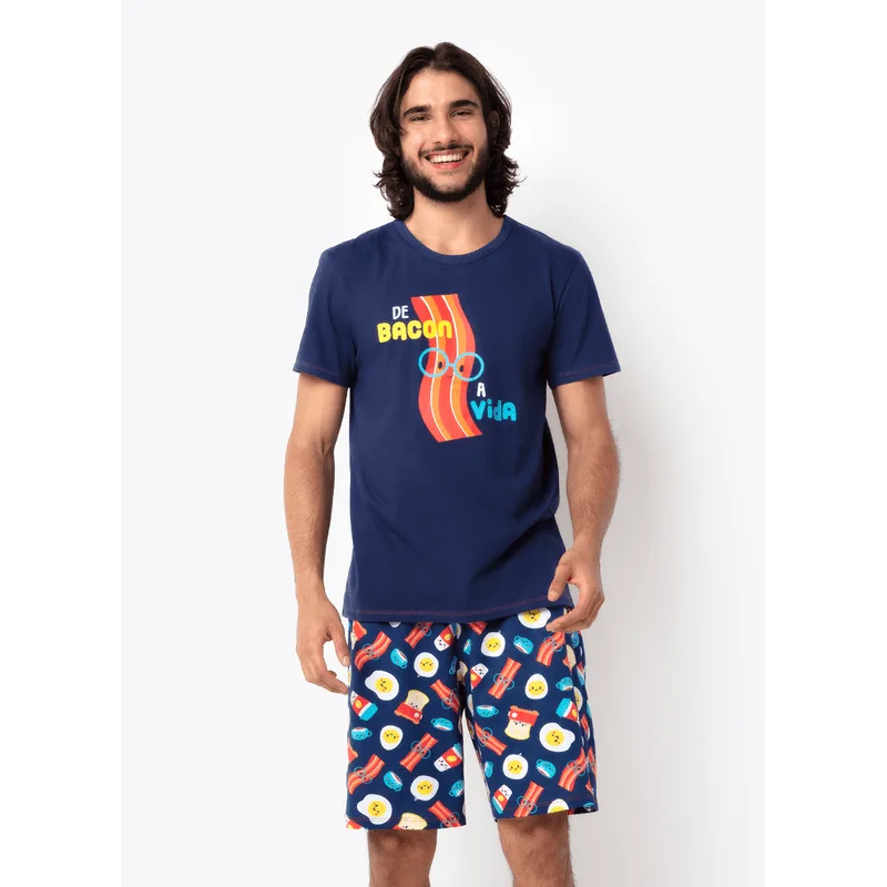 Pijama Manga Curta Masculino Algodão Família de Bacon a Vida Azul PP