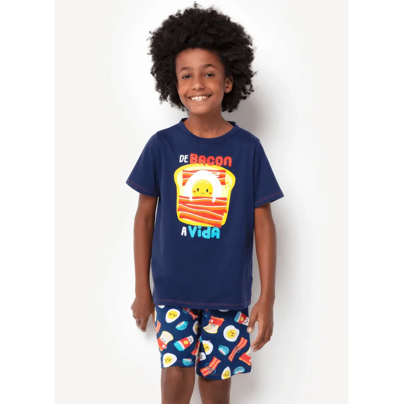 Pijama Manga Curta Menino Teen Algodão Família de Bacon a Vida Azul 12