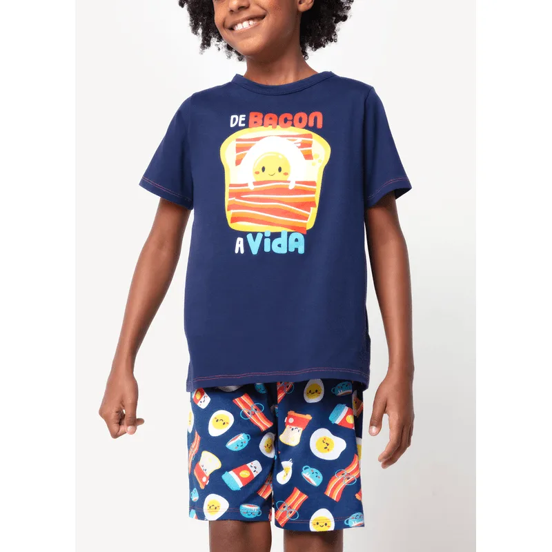 Pijama Manga Curta Menino Algodão Família de Bacon a Vida Azul 1