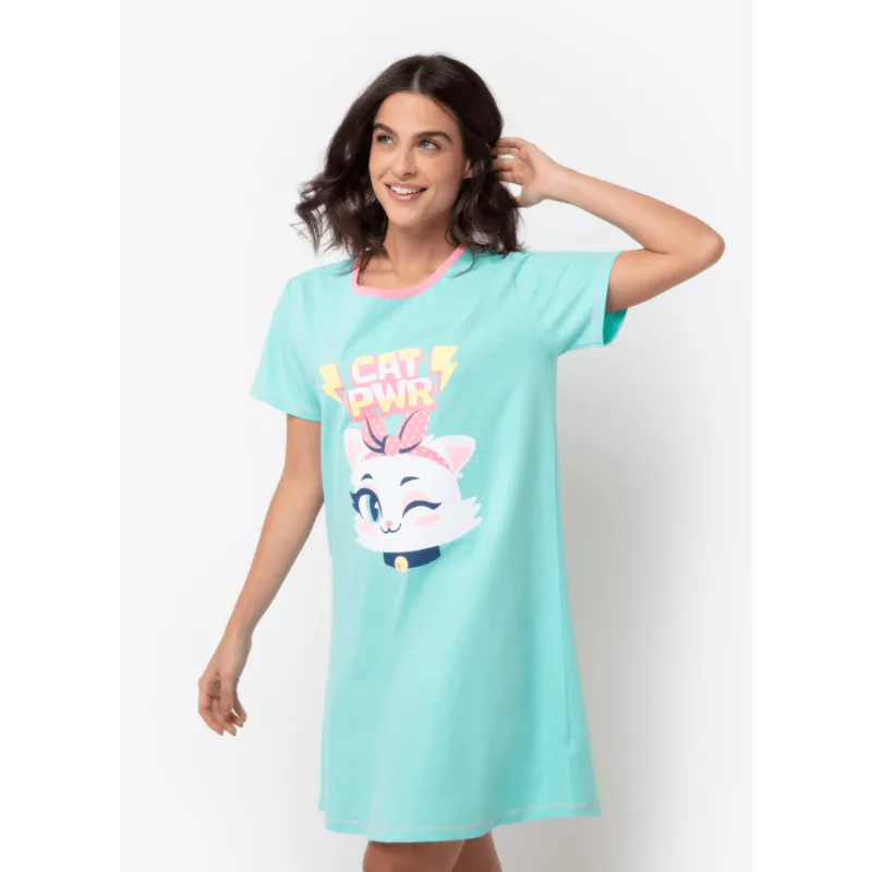 Camisola Manga Curta Feminino Algodão Gata Power Verde PP