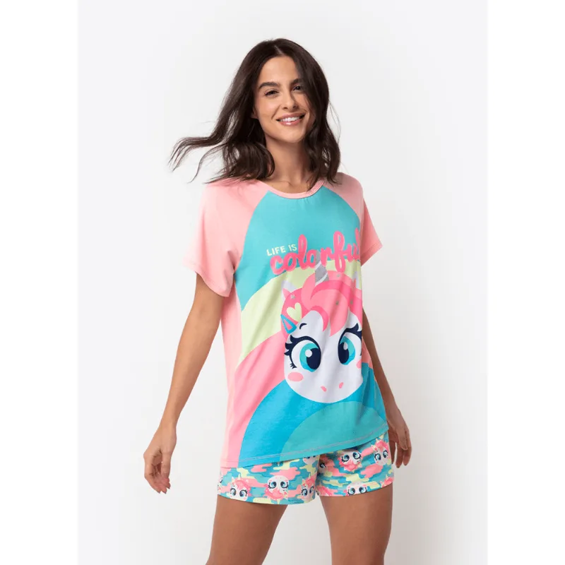 Pijama Manga Curta Feminino Viscolycra Unicórnio Colorful Camuflado Rosa PP