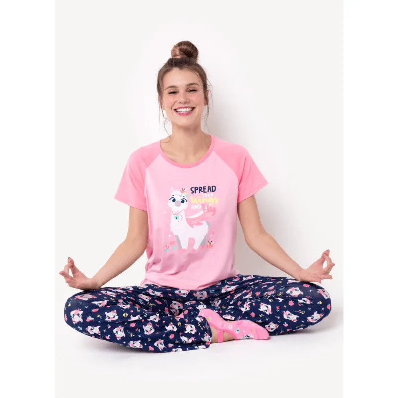 Pijama Longo Manga Curta Feminino Viscolycra Lhama Secret Rosa M