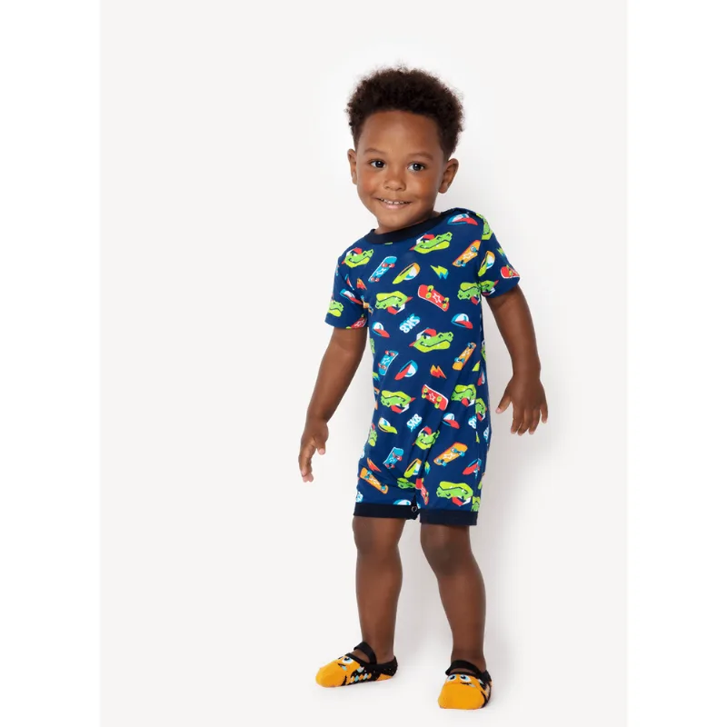 Macacão Manga Curta Bebê Viscolycra Dinossauro Skate Azul 9