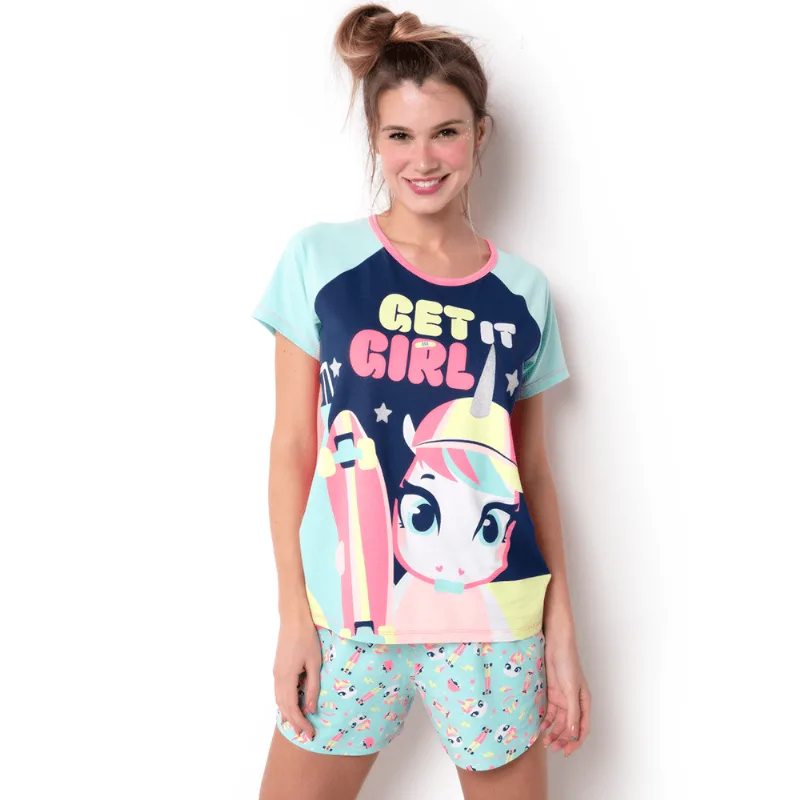 Pijama Manga Curta Feminino Viscolycra Unicórnio Skate Verde P