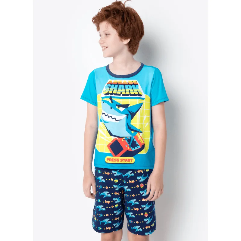 Pijama Manga Curta Viscolycra Menino Tubarão Gamer 2