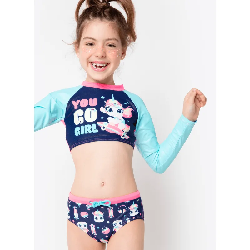 Conjunto Cropped e Calcinha com Proteção Solar Menina Unicórnio Skate 1