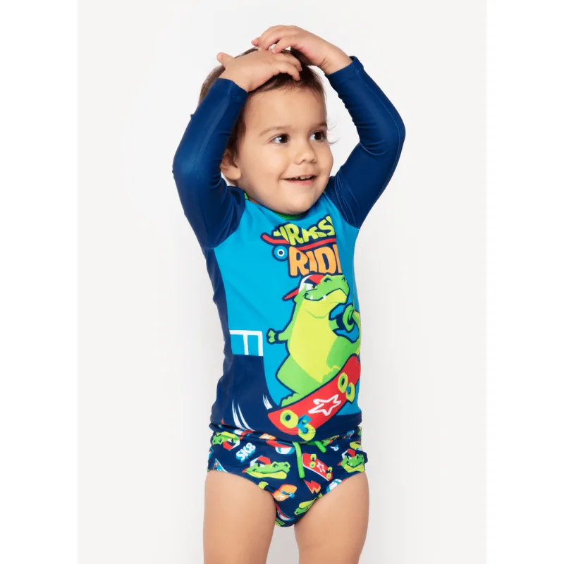 Conjunto Camiseta e Sunga com Proteção Solar Bebê Menino Dinossauro Skate 12