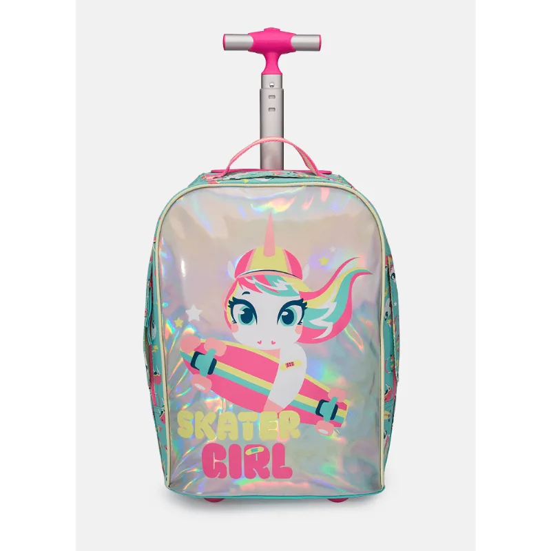 Mochila Escolar Pequena com Rodinha Unicórnio Skate