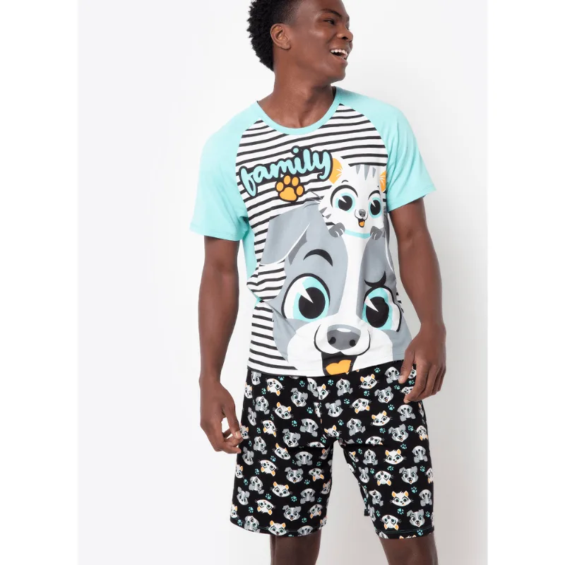 Pijama Manga Curta Masculino Viscolycra Família Pets Preto P