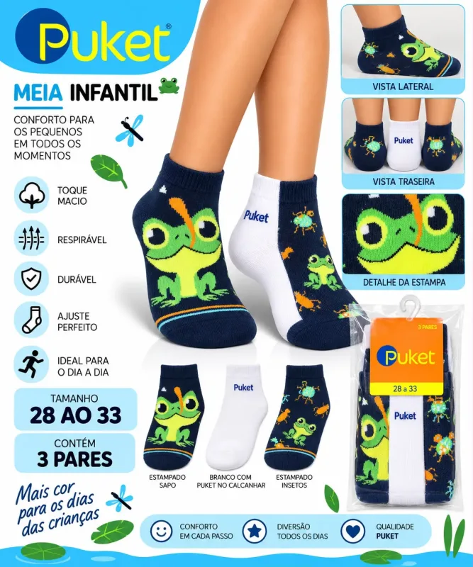 Meia Infantil Puket ? Kit 3 Pares Tamanho 28 ao 33