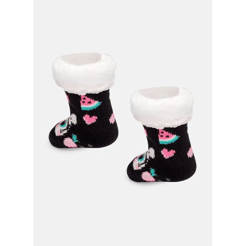 Meia botinha tricô antiderrapante bebê menina vaca