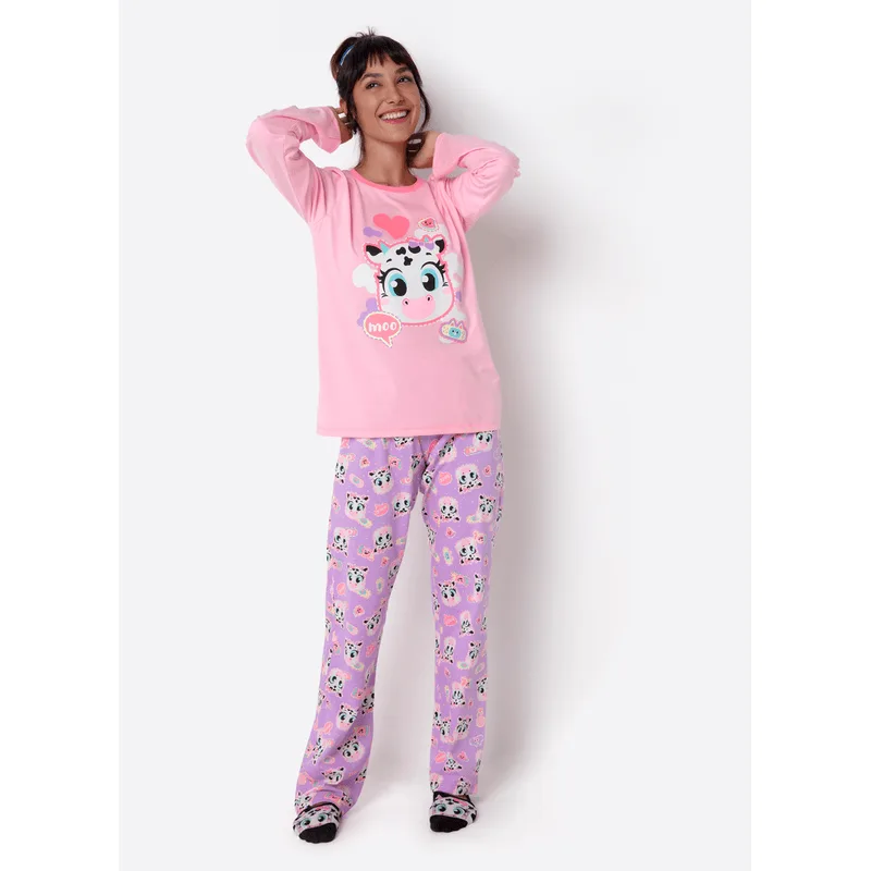 Pijama Manga Longa Feminino Vaca Patches G