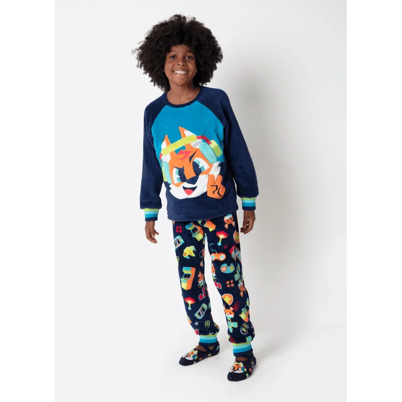 Pijama Manga Longa Soft Menino Raposa Gamer 4
