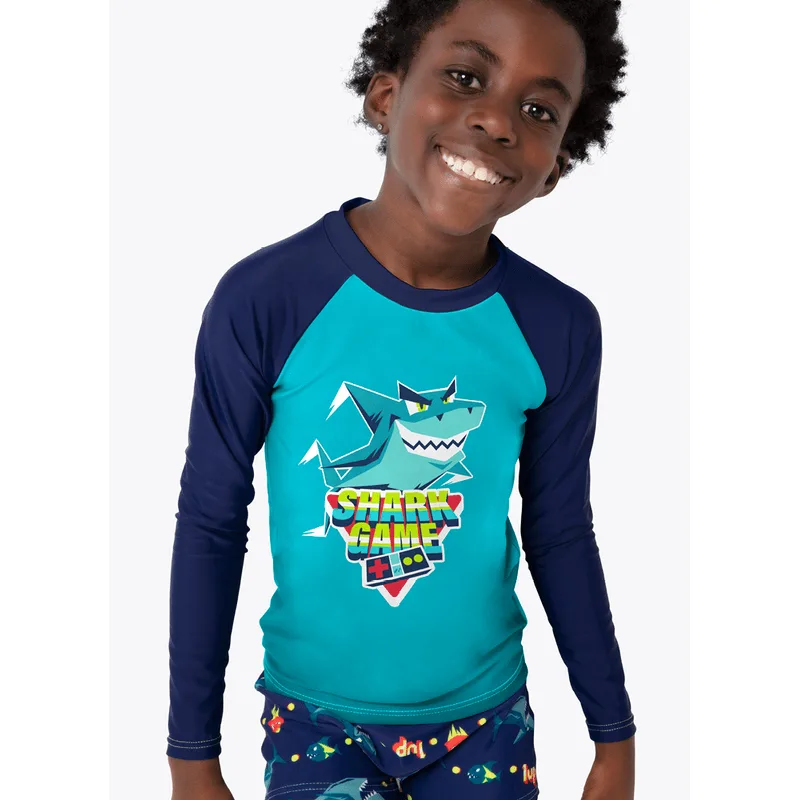 Camiseta Manga Longa com Proteção Solar Menino Tubarão Games 6