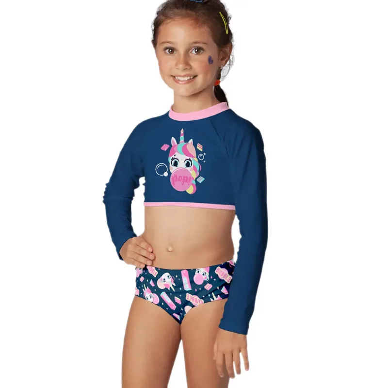 Biquíni Cropped Infantil Unicórnio Bubble Azul Marinho e Rosa Flúor Puket