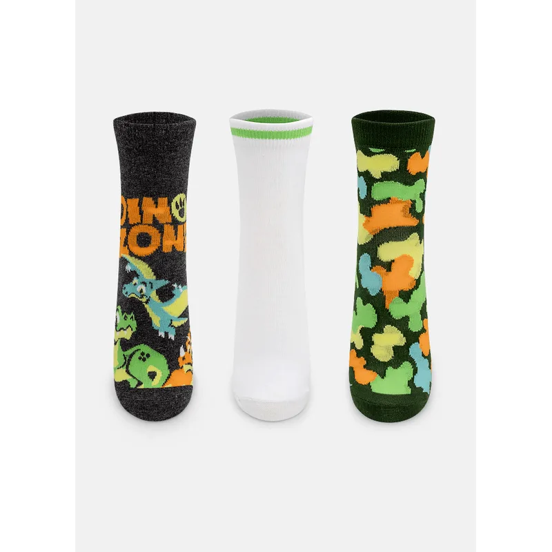Kit com 3 Meias Cano Curto Menino Teen Dino Trio 34 A 39