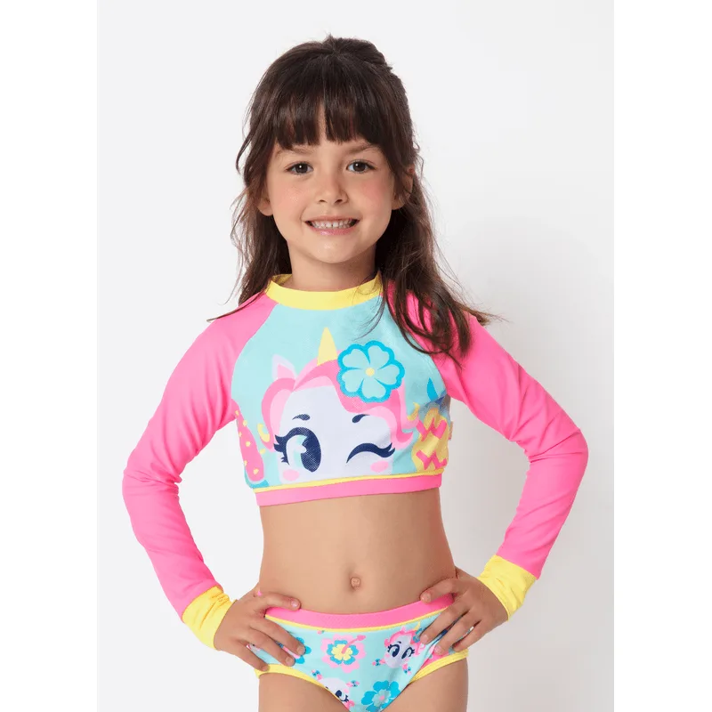 Conjunto Cropped e Calcinha com Proteção Solar Menina Unicórnio Aloha 2