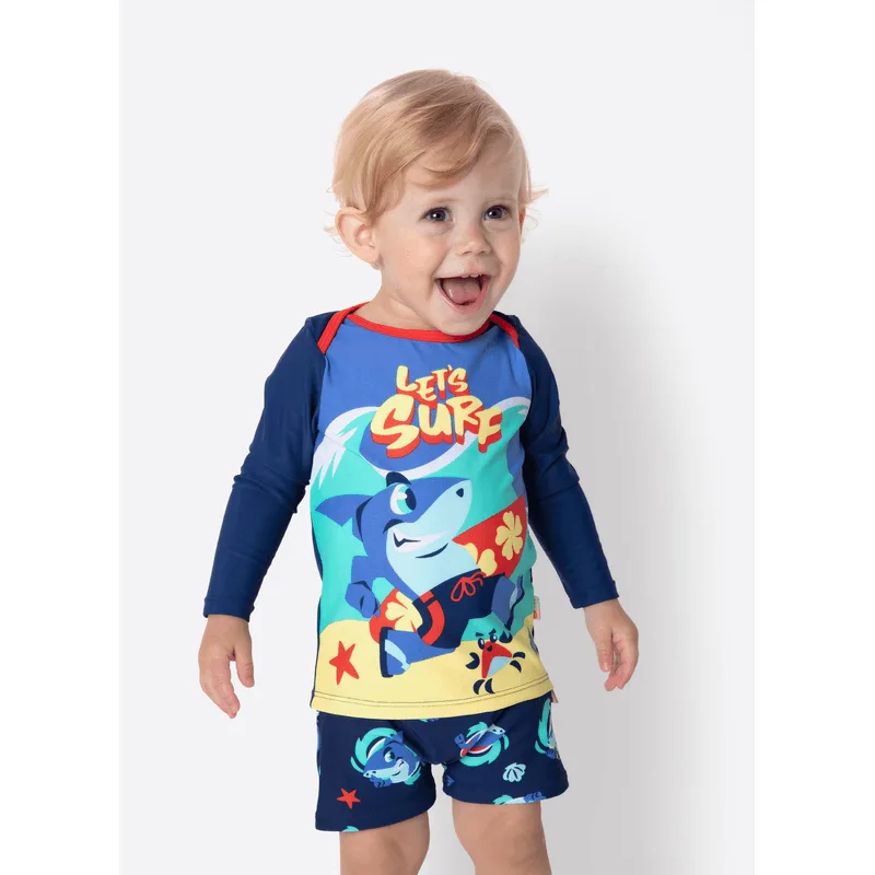 Camiseta Manga Longa com Proteção Solar Bebê Menino Tubarão Aloha 6 A 9 MESES