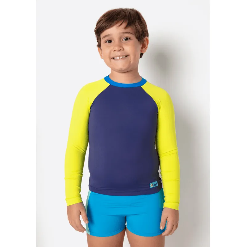Camiseta Manga Longa com Proteção Solar Menino Color Block Azul Marinho 2