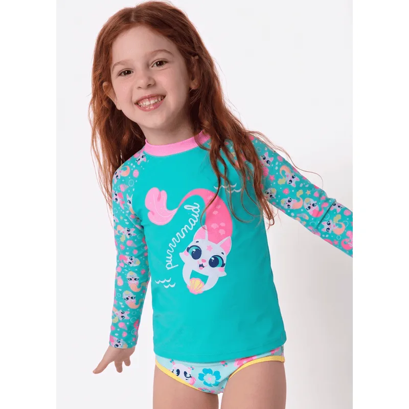 Camiseta Manga Longa com Proteção Solar Menina Gata Sereia 4