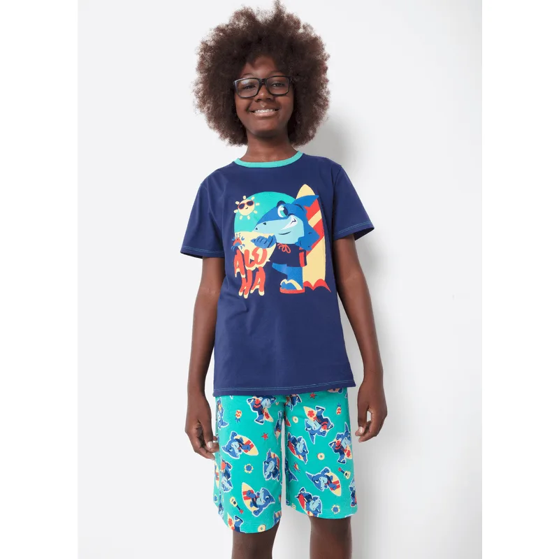 Pijama Manga Curta Algodão Menino Teen Tubarão Aloha 8