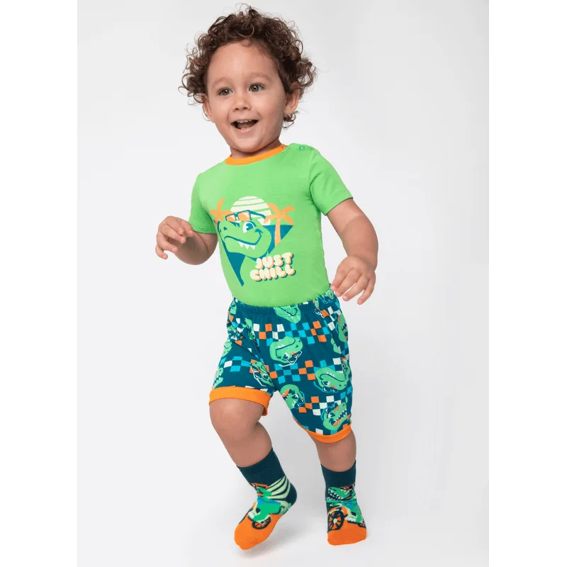 Pijama Manga Curta Viscolycra Bebê Menino Dino Miami 9 A 12 MESES