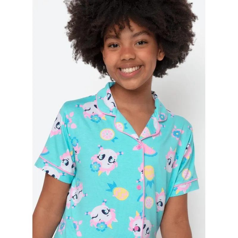 Pijama manga curta viscolycra menina teen unicórnio aloha