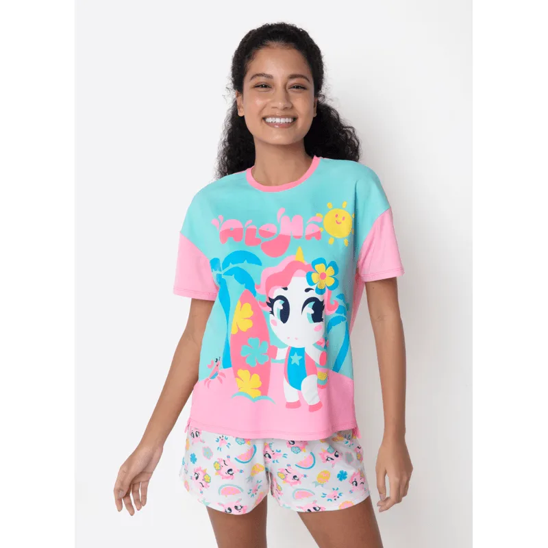 Pijama Manga Curta Viscolycra Feminino Unicórnio Aloha PP