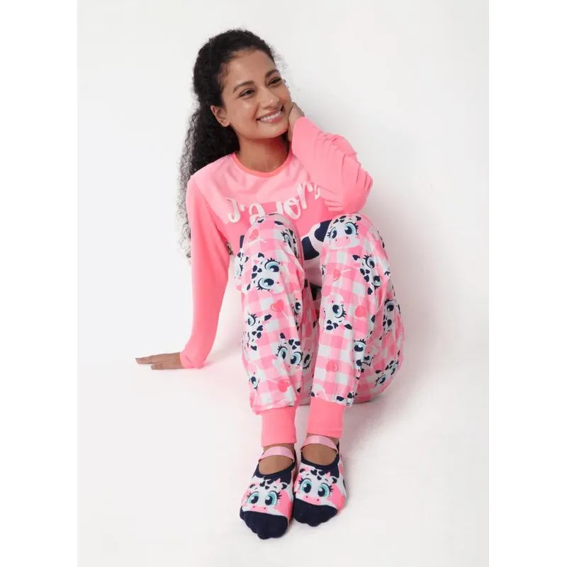 Pijama manga longa viscolycra feminino vaca romântica