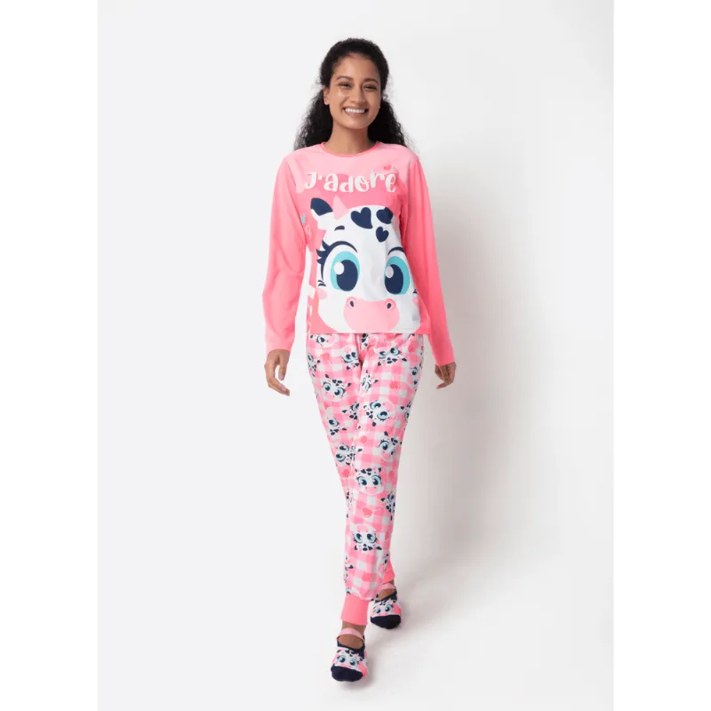Pijama Manga Longa Viscolycra Feminino Vaca Romântica M
