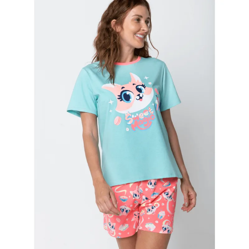 Pijama Manga Curta Algodão Feminino Raposa Confeiteira GG