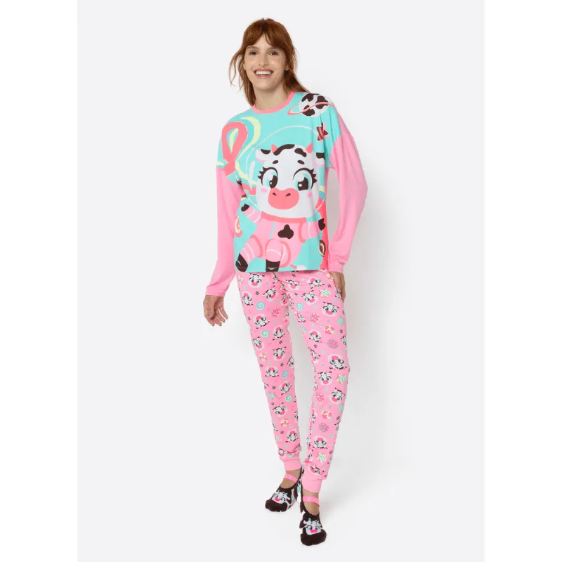 Pijama Manga Longa Viscolycra Feminino Vaca Chocolate PP